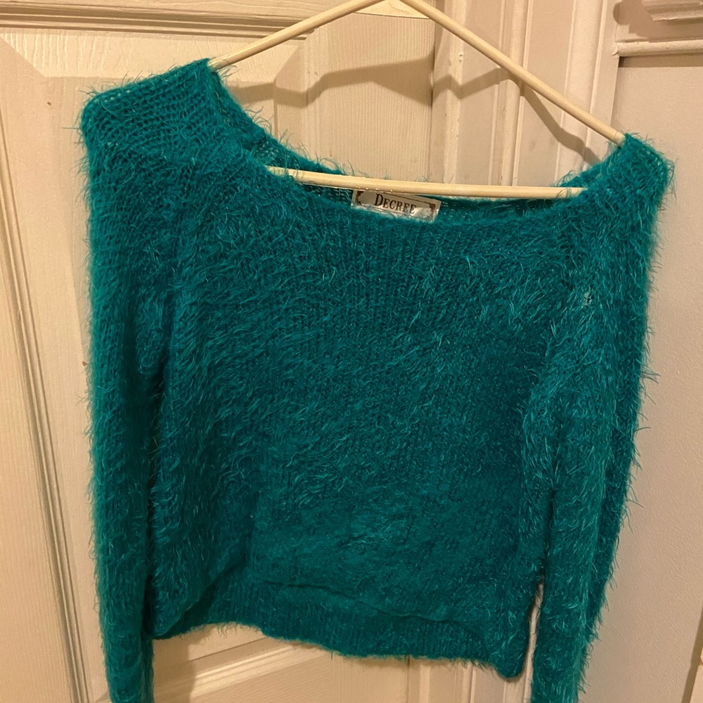 Scoop neck teal furry sweater.